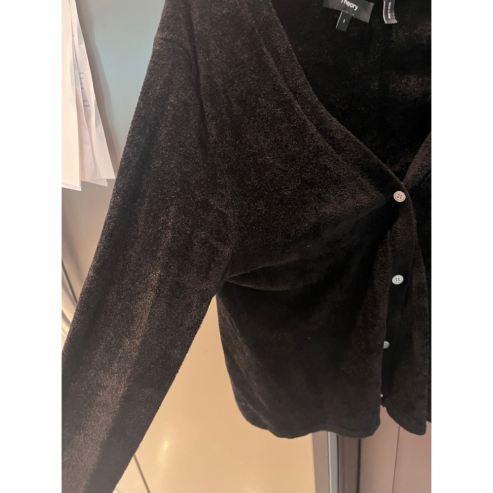 Theory Black Plush V-Neck Button Cardigan Sweater Size S Fall Quiet Luxury - Picture 5 of 7